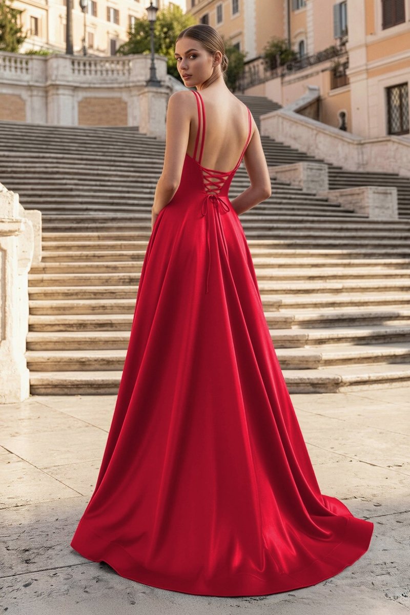 Burgundy Spaghetti Straps A Line Satin Long Prom Dresses With Slit