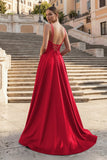 Burgundy Spaghetti Straps A Line Satin Long Prom Dresses With Slit