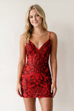 Royal Blue V Neck Bodycon Mini Party Dresses with Sequins Appliques
