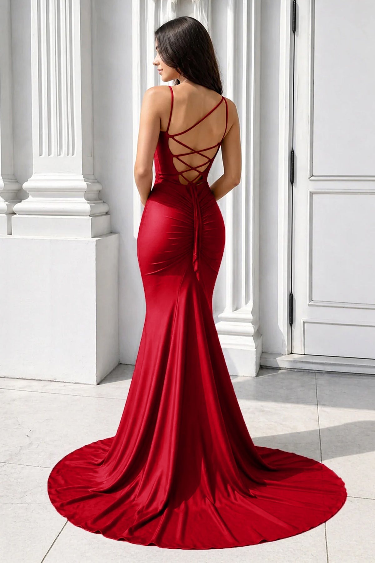 Purple Spaghetti Straps Lace-Up Mermaid Long Formal Dress