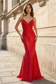 Red Spaghetti Straps Mermaid Satin Beaded Long Prom Dresses With Appliques
