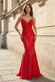 Red Spaghetti Straps Mermaid Satin Beaded Long Prom Dresses With Appliques