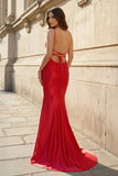 Red Spaghetti Straps Mermaid Satin Beaded Long Prom Dresses With Appliques