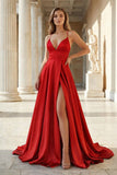 Pink Spaghetti Straps Satin Backless A Line Prom Dress With Pockets