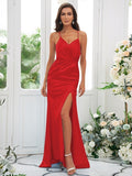 Sheath/Column Silk like Satin Ruched Spaghetti Straps Sleeveless Sweep/Brush Train Bridesmaid Dresses Evening Dress