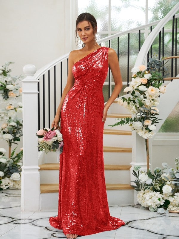 Sheath/Column Sequins Ruched One-Shoulder Sleeveless Sweep/Brush Train Bridesmaid Dresses Evening Dress