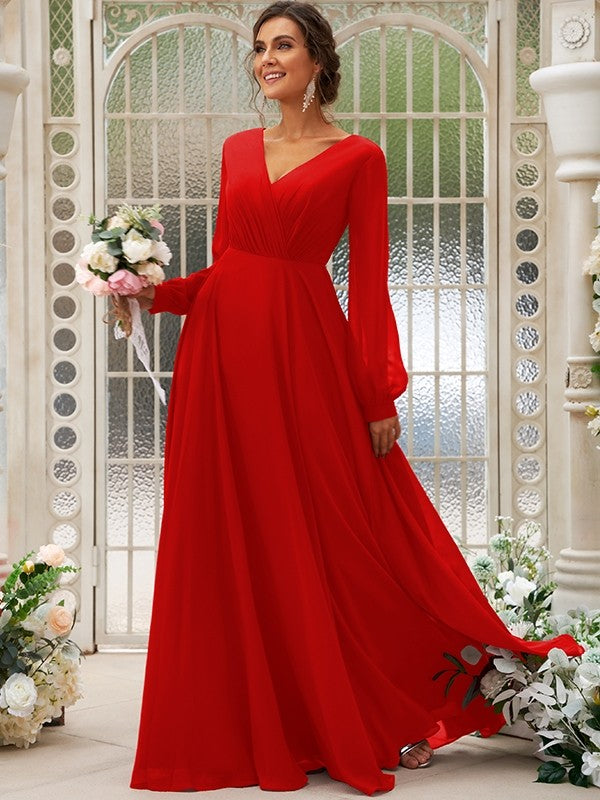 A-Line/Princess Chiffon Ruched V-neck Long Sleeves Floor-Length Bridesmaid Dresses Mother of the Bride Dress