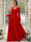 A-Line/Princess Chiffon Ruched V-neck Long Sleeves Floor-Length Bridesmaid Dresses Mother of the Bride Dress