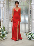 Sheath/Column Silk like Satin Ruched V-neck Sleeveless Sweep/Brush Train Bridesmaid Dresses Evening Dress