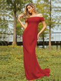Sheath/Column Jersey Ruched Off-the-Shoulder Sleeveless Sweep/Brush Train Bridesmaid Dresses Evening Dress