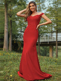 Sheath/Column Stretch Crepe Applique Off-the-Shoulder Sleeveless Sweep/Brush Train Bridesmaid Dresses Evening Dress