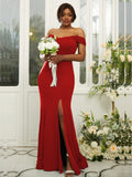 Sheath/Column Jersey Ruffles Off-the-Shoulder Sleeveless Sweep/Brush Train Bridesmaid Dresses Evening Dress