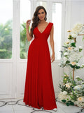 A-Line/Princess Jersey Ruffles V-neck Sleeveless Floor-Length Bridesmaid Dresses Evening Prom Dress