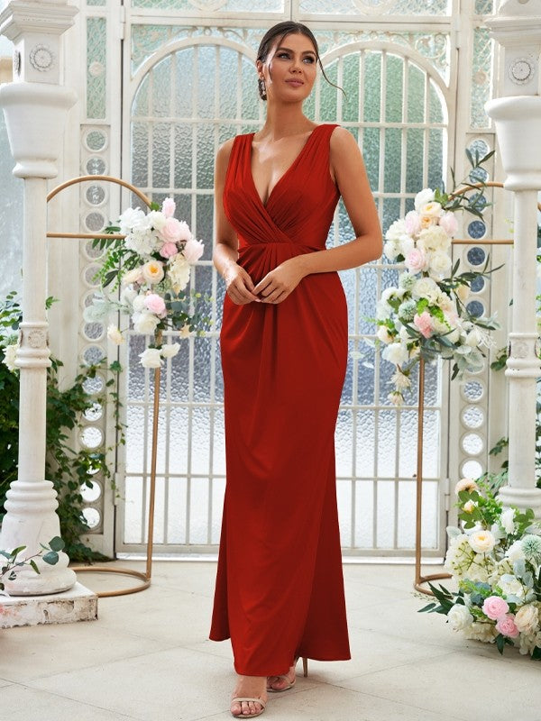 Sheath/Column Jersey Ruched V-neck Sleeveless Floor-Length Bridesmaid Dresses Evening Dress