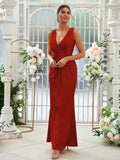 Sheath/Column Jersey Ruched V-neck Sleeveless Floor-Length Bridesmaid Dresses Evening Dress