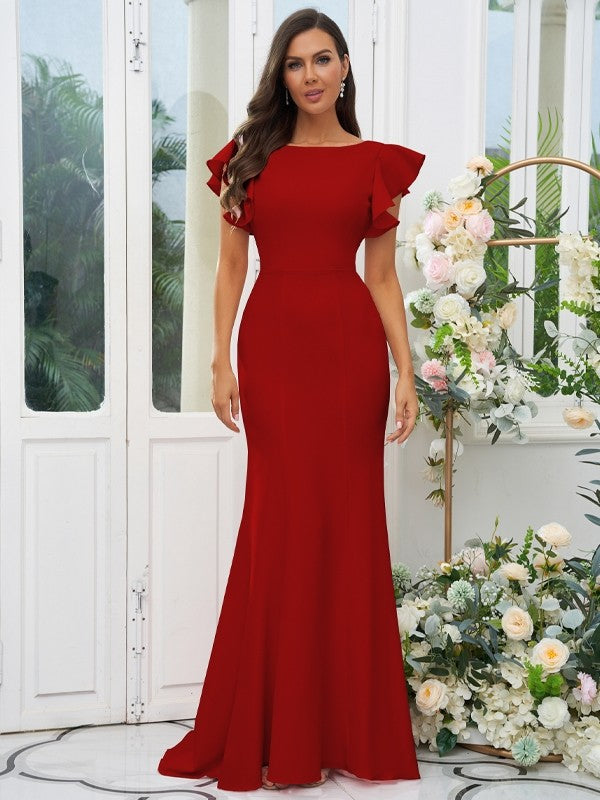 Sheath/Column Stretch Crepe Ruffles Scoop Short Sleeves Sweep/Brush Train Bridesmaid Dresses Evening Dress