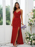 A-Line/Princess Stretch Crepe Ruched V-neck Sleeveless Floor-Length Bridesmaid Dresses Evening Dress