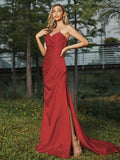 Sheath/Column Silk like Satin Ruched Sweetheart Sleeveless Sweep/Brush Train Bridesmaid Dresses Evening Dress