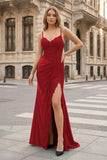 Sheath Spaghetti Straps Black Satin Long Prom Dresses with Lace Appliques