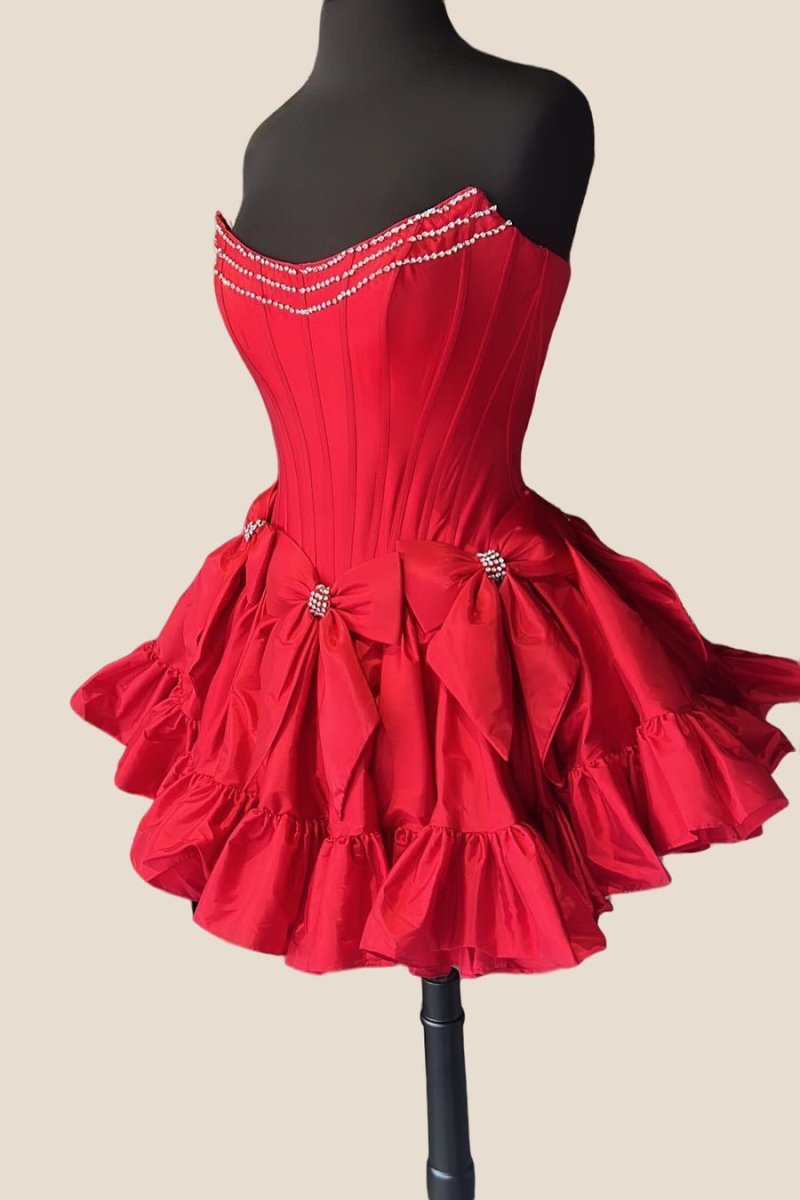 Strapless Black Beaded Short Homecoming Dress with Bow