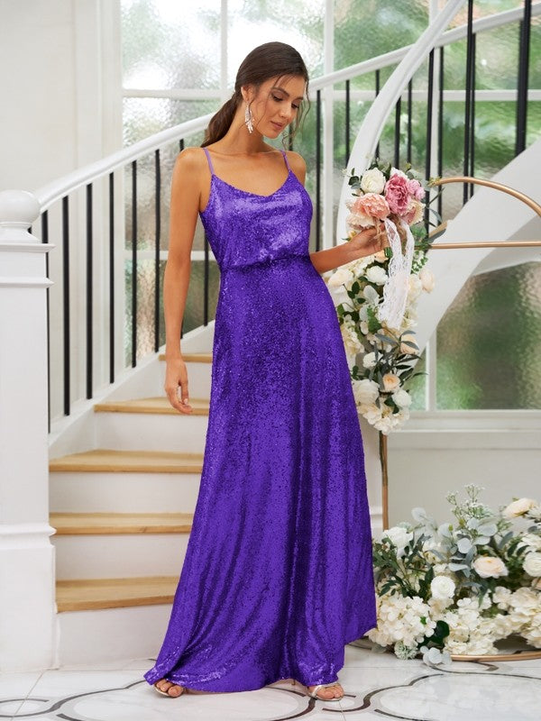 A-Line/Princess Sequins Ruched Straps Sleeveless Floor-Length Bridesmaid Dresses Evening Prom Dress