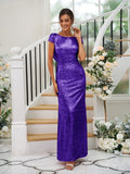 Sheath/Column Sequins Ruched Scoop Short Sleeves Floor-Length Bridesmaid Dresses Evening Dress