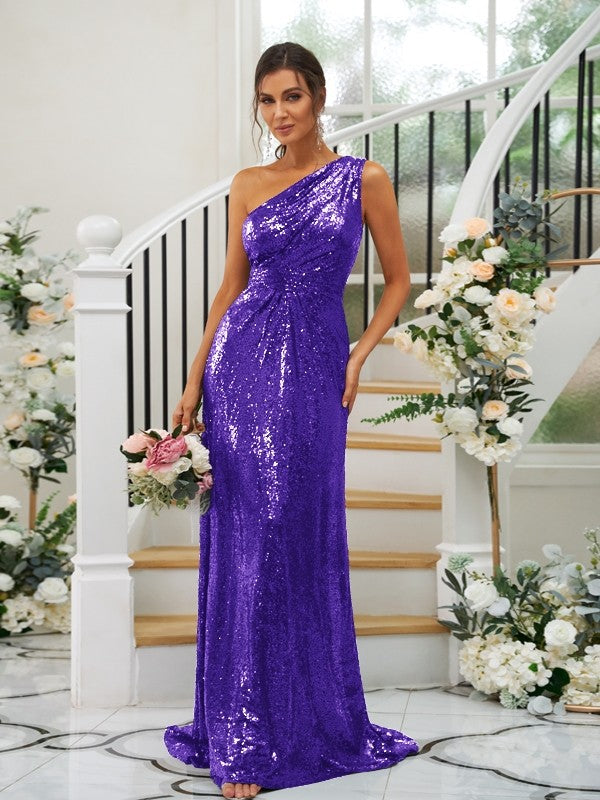 Sheath/Column Sequins Ruched One-Shoulder Sleeveless Sweep/Brush Train Bridesmaid Dresses Evening Dress