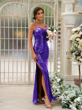 Sheath/Column Sequins Ruched Spaghetti Straps Sleeveless Floor-Length Bridesmaid Dresses Evening Dress