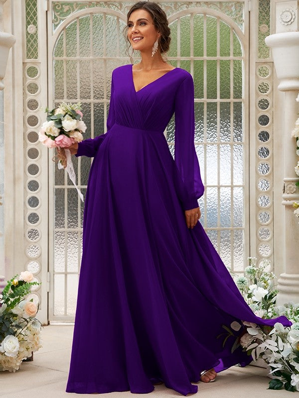 A-Line/Princess Chiffon Ruched V-neck Long Sleeves Floor-Length Bridesmaid Dresses Mother of the Bride Dress