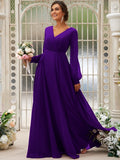 A-Line/Princess Chiffon Ruched V-neck Long Sleeves Floor-Length Bridesmaid Dresses Mother of the Bride Dress