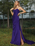Sheath/Column Silk like Satin Ruched Sweetheart Sleeveless Sweep/Brush Train Bridesmaid Dresses Evening Dress
