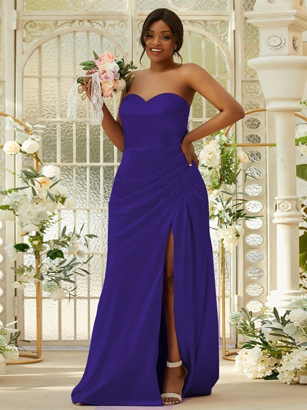 Sheath/Column Silk like Satin Ruched Sweetheart Sleeveless Sweep/Brush Train Bridesmaid Dresses Evening Dress