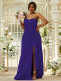 Sheath/Column Silk like Satin Ruched Sweetheart Sleeveless Sweep/Brush Train Bridesmaid Dresses Evening Dress