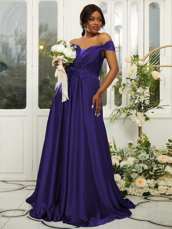 A-Line/Princess Silk like Satin Ruffles Off-the-Shoulder Sleeveless Sweep/Brush Train Bridesmaid Dresses Evening Dress