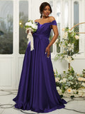A-Line/Princess Silk like Satin Ruffles Off-the-Shoulder Sleeveless Sweep/Brush Train Bridesmaid Dresses Evening Dress