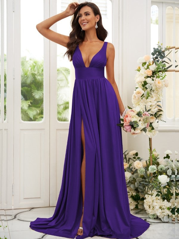 Vestido de dama de honor de corte A/princesa, jersey con volantes, escote en V, sin mangas, cola larga, para invitada de boda