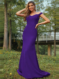 Sheath/Column Stretch Crepe Applique Off-the-Shoulder Sleeveless Sweep/Brush Train Bridesmaid Dresses Evening Dress