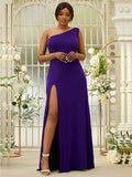 Sheath/Column Jersey Ruffles One-Shoulder Sleeveless Sweep/Brush Train Bridesmaid Dresses Evening Dress