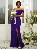 Sheath/Column Jersey Ruffles Off-the-Shoulder Sleeveless Sweep/Brush Train Bridesmaid Dresses Evening Dress