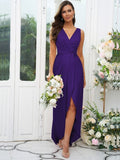 A-Line/Princess Charmeuse Ruched V-neck Sleeveless Sweep/Brush Train Bridesmaid Dresses Evening Dress