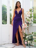 Sheath/Column Charmeuse Ruched V-neck Sleeveless Floor-Length Bridesmaid Dresses Evening Dress