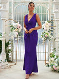 Sheath/Column Jersey Ruched V-neck Sleeveless Floor-Length Bridesmaid Dresses Evening Dress