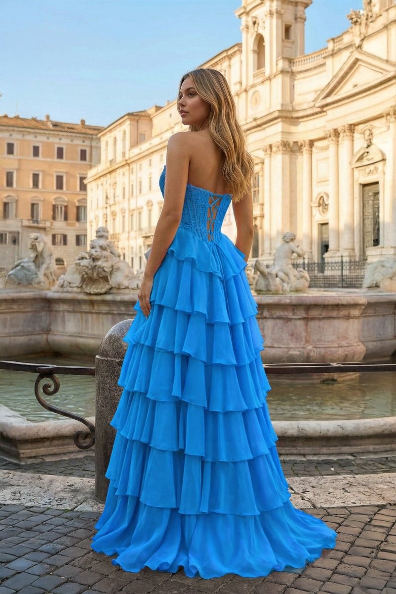 Pink Sweetheart A Line Chiffon Ruffled Prom Dresses With Appliques