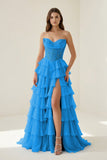 Pink Sweetheart A Line Chiffon Ruffled Prom Dresses With Appliques