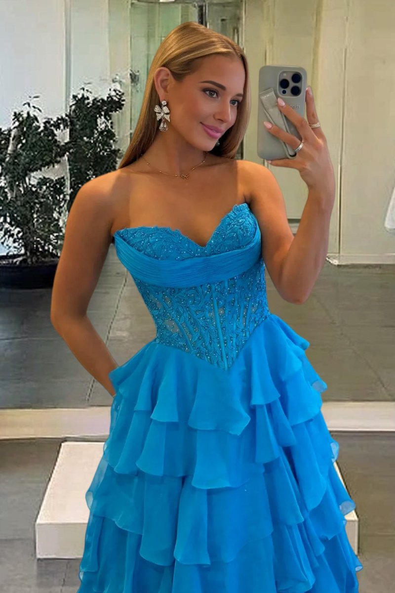 Pink Sweetheart A Line Chiffon Ruffled Prom Dresses With Appliques