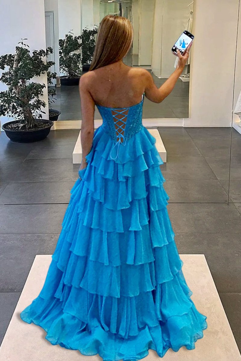 Pink Sweetheart A Line Chiffon Ruffled Prom Dresses With Appliques