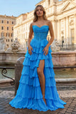 Pink Sweetheart A Line Chiffon Ruffled Prom Dresses With Appliques