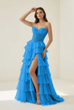 Pink Sweetheart A Line Chiffon Ruffled Prom Dresses With Appliques