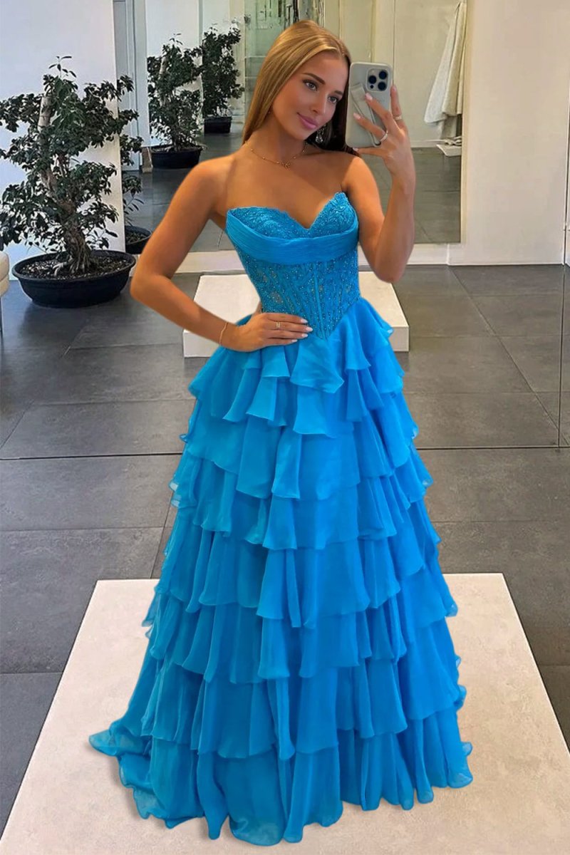 Pink Sweetheart A Line Chiffon Ruffled Prom Dresses With Appliques
