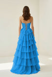 Pink Sweetheart A Line Chiffon Ruffled Prom Dresses With Appliques